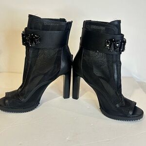 Women’s Black Mesh Peep-Toe Heeled Booties with Jeweled Strap